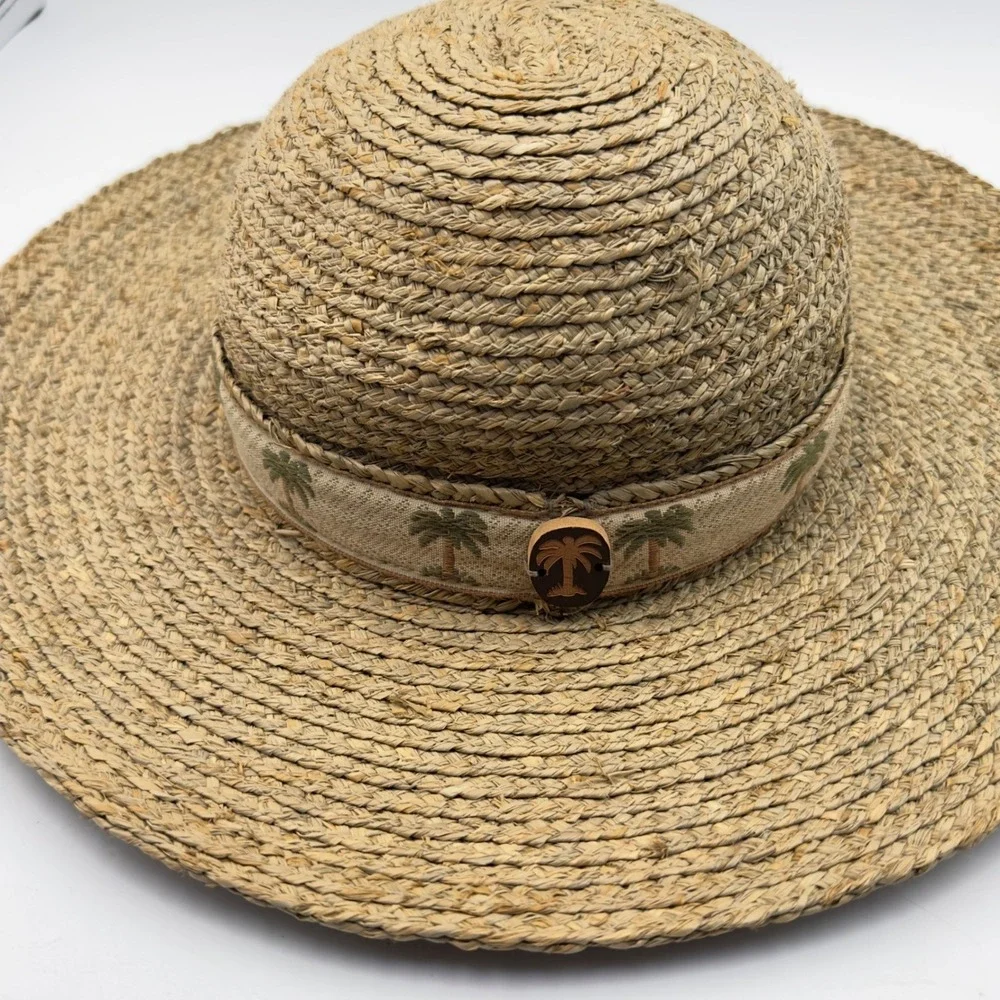 Scala Collection Straw Sun Hat Tan Wide Brim Palm Tree Embroidered Band Coastal